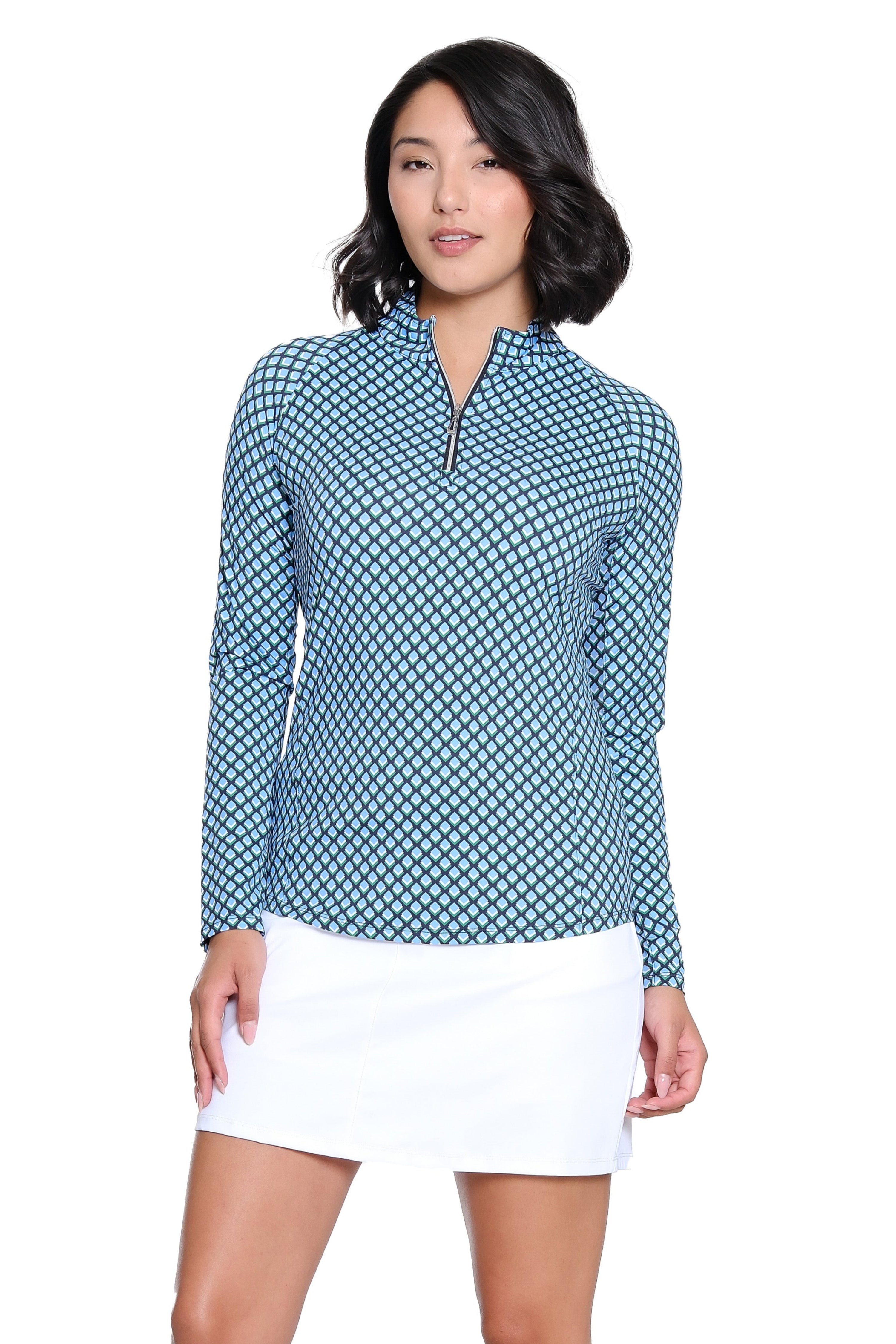 Woman wearing a blue checkered shirt and white skirt on a white background
