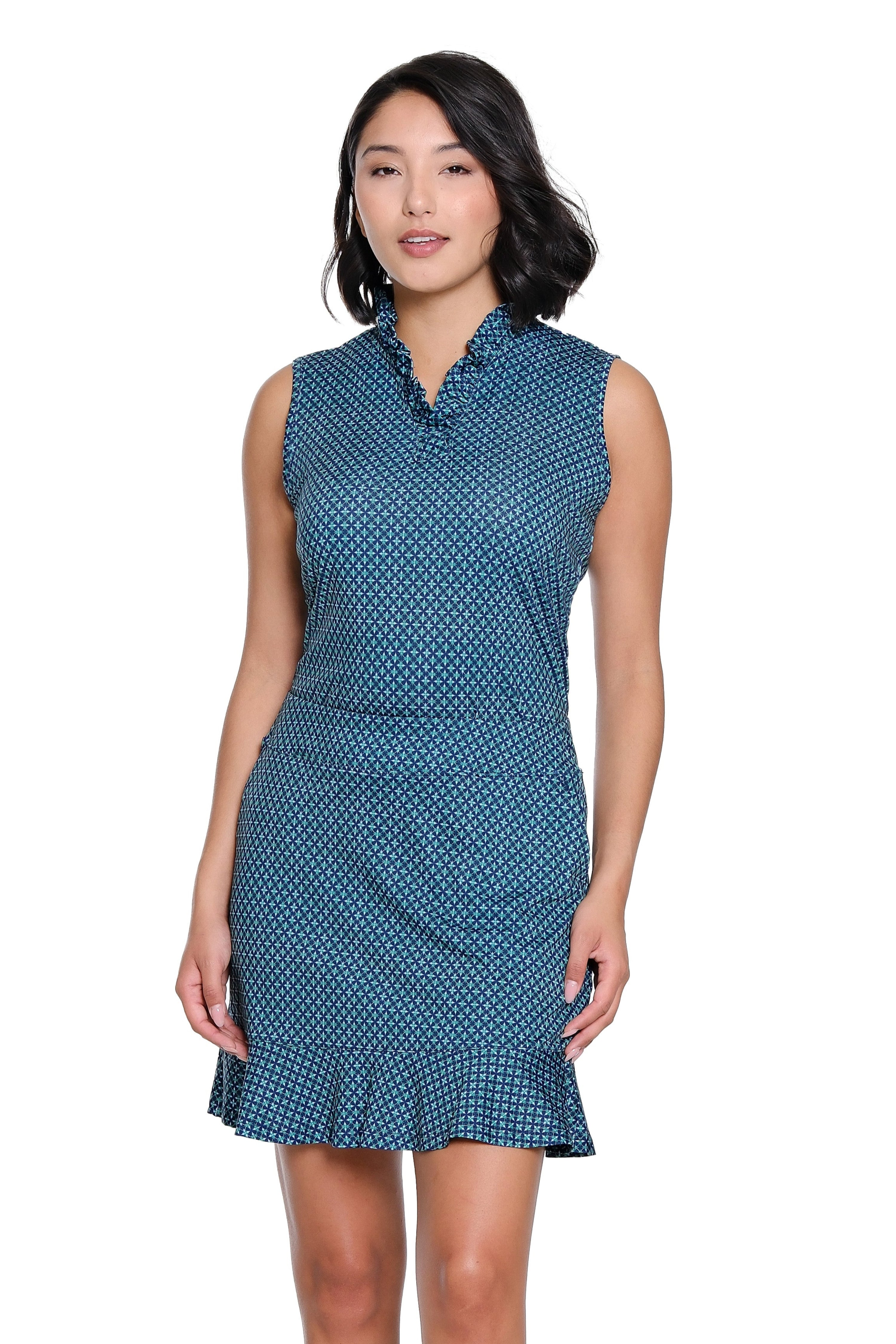 Woman wearing a blue polka dot dress on a white background